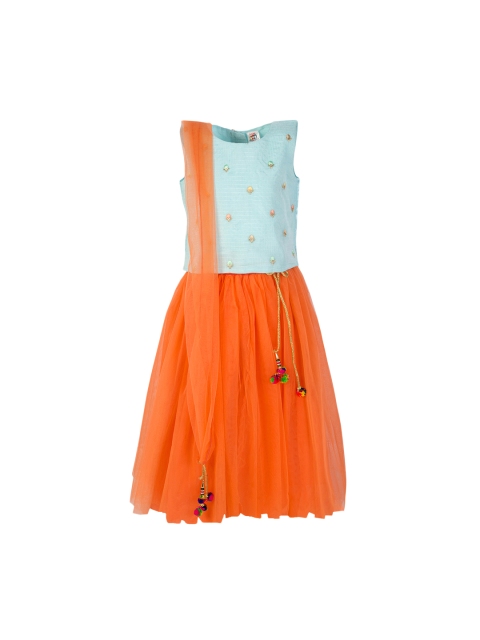 

Stylo Bug Girls Orange & Blue Embroidered Ready to Wear Lehenga & Blouse with Dupatta