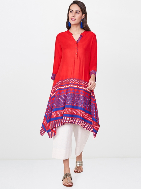 

Global Desi Women Red & Blue Printed A-Line Asymmetric Kurta