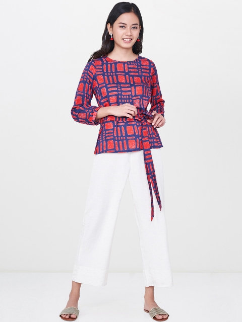 

Global Desi Women Blue & Red Printed Tie-Up Top
