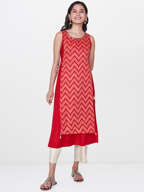 

Global Desi Women Red Woven Design Straight Kurta