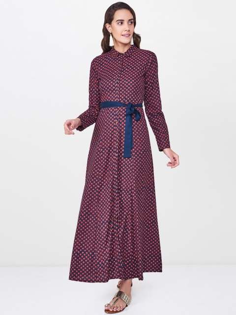 

Global Desi Women Blue & Maroon Printed Maxi Dress
