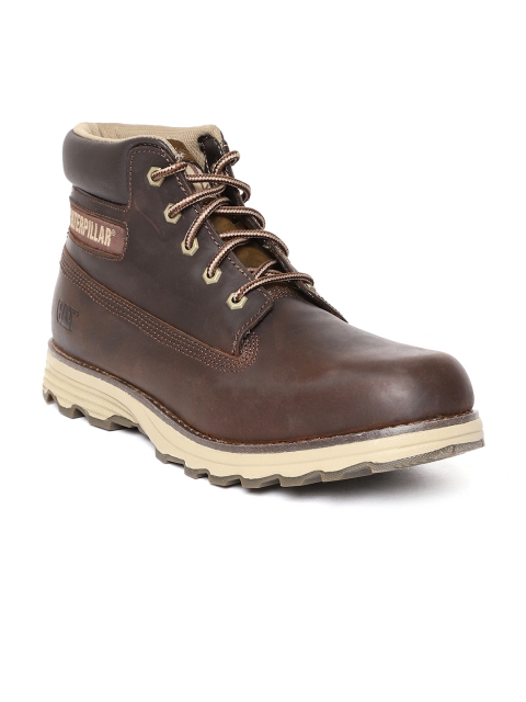 

CAT Men Brown Solid Leather Mid-Top Flat Boots