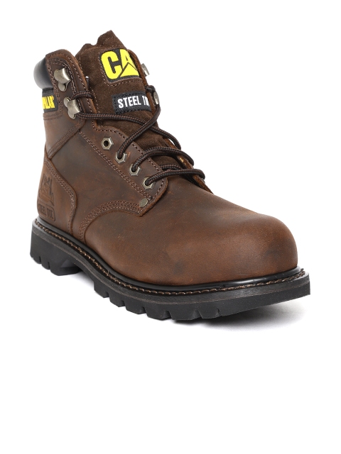 

CAT Men Brown Solid Leather Mid-Top Flat Boots