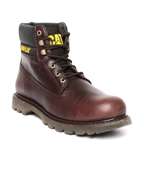 

CAT Men Brown Solid Leather Mid-Top Flat Boots