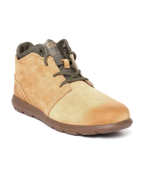 

CAT Men Camel Brown Solid Leather Mid-Top Sneakers