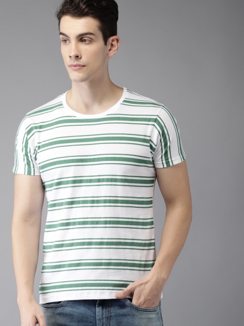 

HERENOW Men White Striped Round Neck Pure Cotton T-shirt