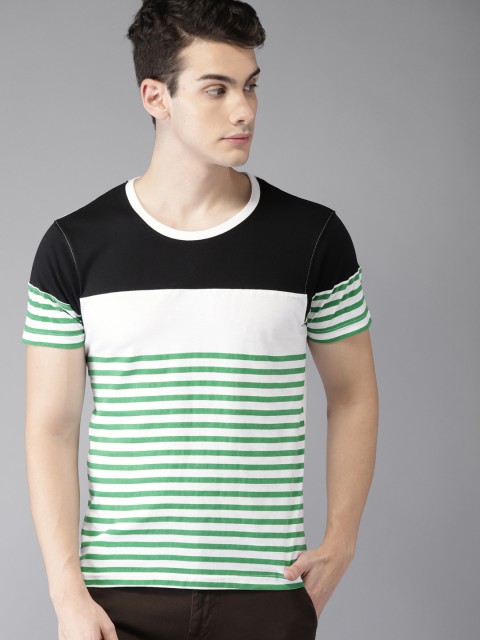 

HERE&NOW Men White & Green Striped Round Neck T-shirt