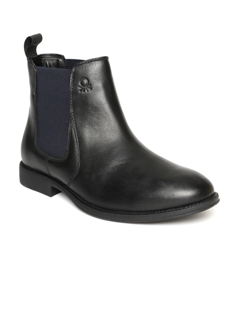 

United Colors of Benetton Men Black Solid Leather Mid-Top Flat Boots