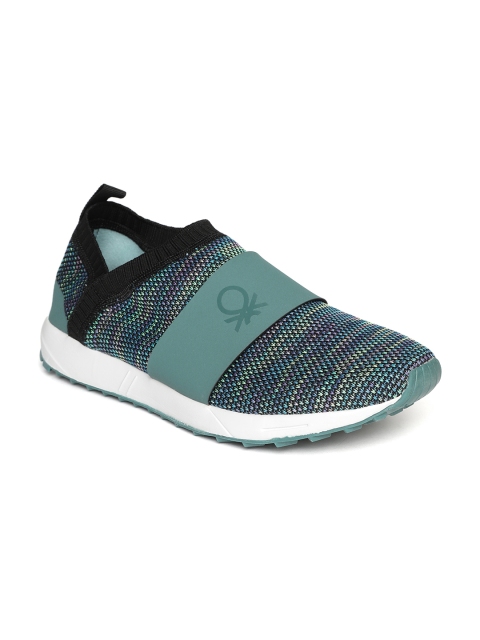 

United Colors of Benetton Men Teal Blue & Black Woven Design Slip-On Sneakers