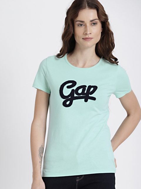 

GAP Women Blue Printed Round Neck Pure Cotton T-shirt