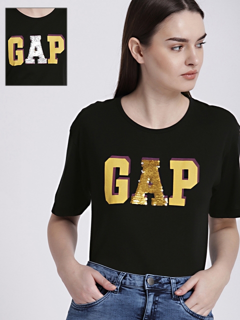 

GAP Women's Black Embellished Round Neck T-shirt