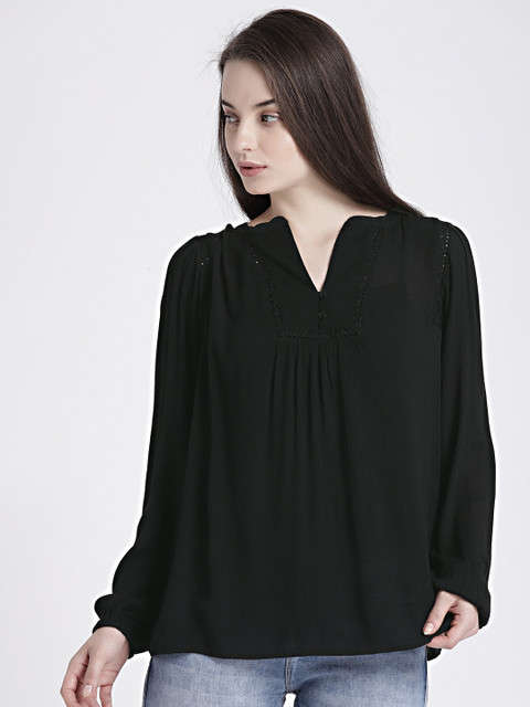 

GAP Women's Black Crinkle Long Sleeve Lace-Trim Blouse
