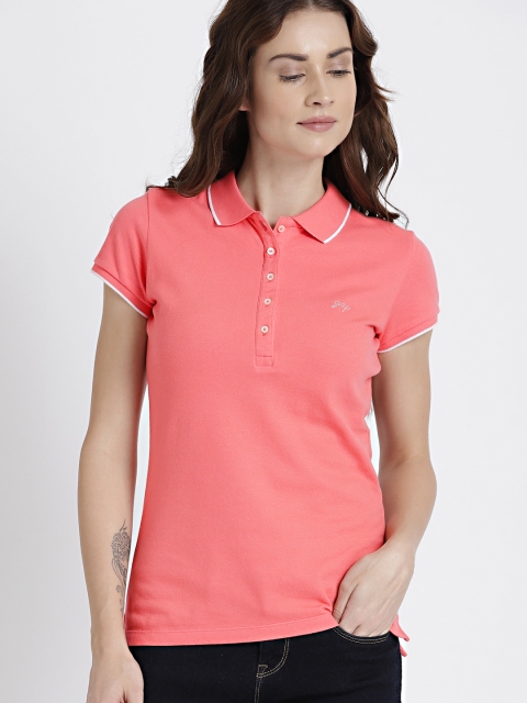 

GAP Women Coral Solid Polo Collar T-shirt
