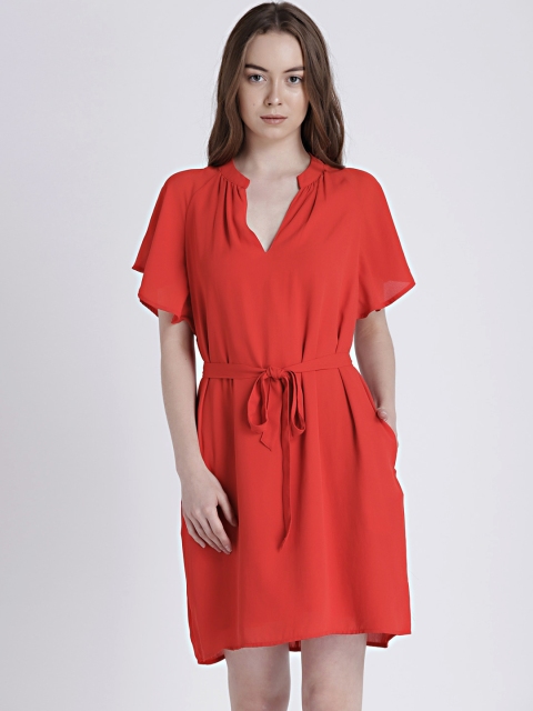 

GAP Women's Red Flounce Short Sleeve Tie-Belt Dress