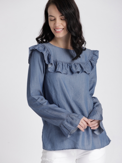

GAP Women's Long Sleeve Denim Ruffle Top, Blue