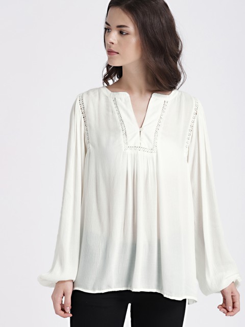 

GAP Women's White Crinkle Long Sleeve Lace-Trim Blouse
