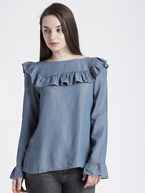 

GAP Women's Blue Tiered Bell-Sleeve Top in Tencel