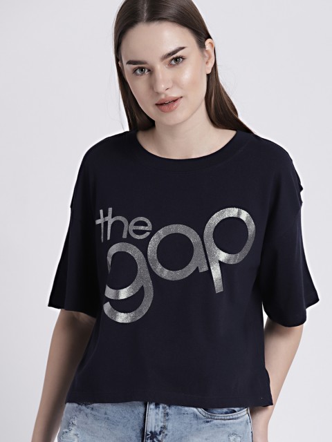 

GAP Women's Navy Logo Crop Short Sleeve Crewneck T-Shirt, Navy blue