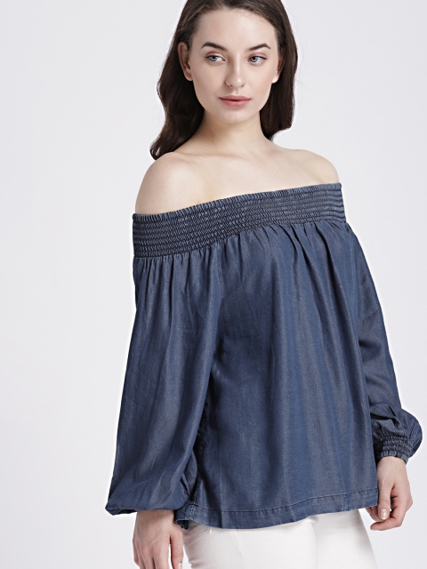 

GAP Women's Navy Blue Smocked Off-Shoulder Balloon Sleeve Top in Tencel