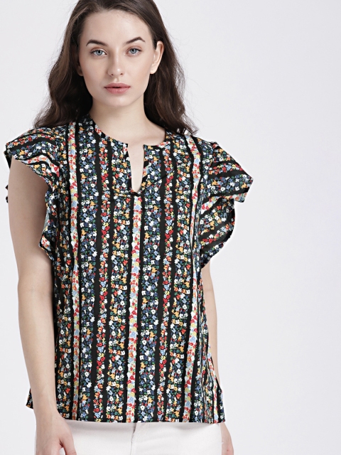 

GAP Women's Multicoloured Ruffle Sleeve Print Split-Neck Top, Multi