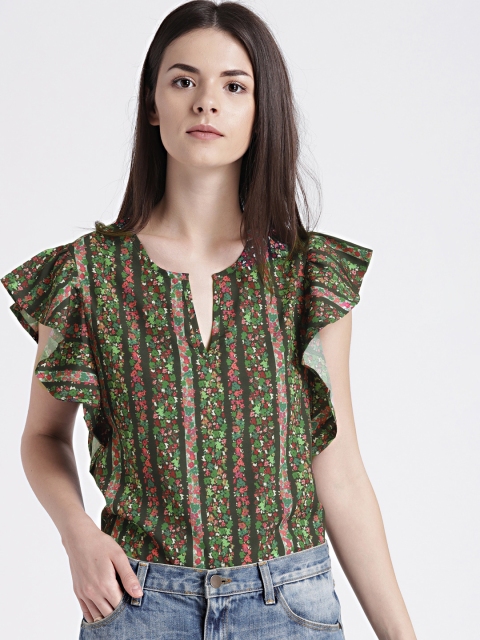 

GAP Women's Multicolored Ruffle Sleeve Print Split-Neck Top, Multi