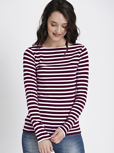

GAP Women White & Burgundy Striped Boat Neck T-shirt