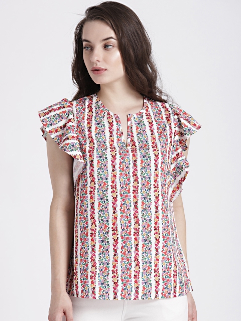 

GAP Women's Multicoloured Ruffle Sleeve Print Split-Neck Top, Multi