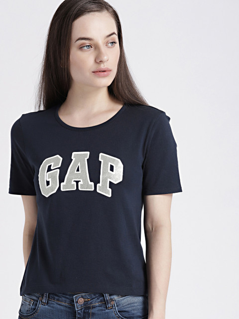 

GAP Women's Navy Blue Glitter Logo Crop Short Sleeve Crewneck T-Shirt