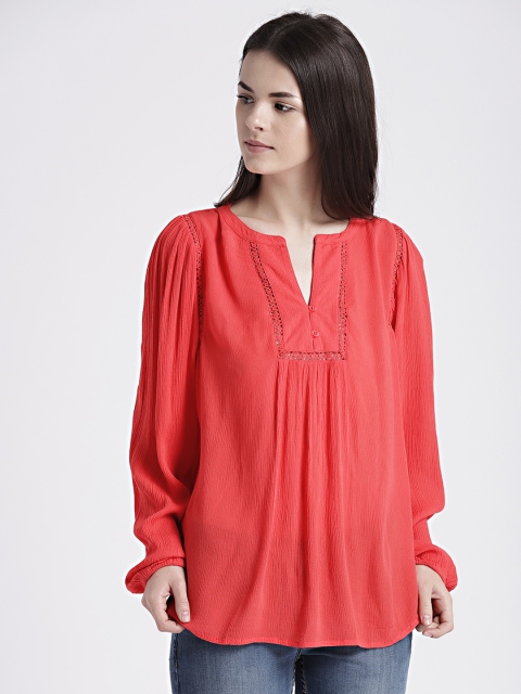 

GAP Women's Peach-Coloured Crinkle Long Sleeve Lace-Trim Blouse