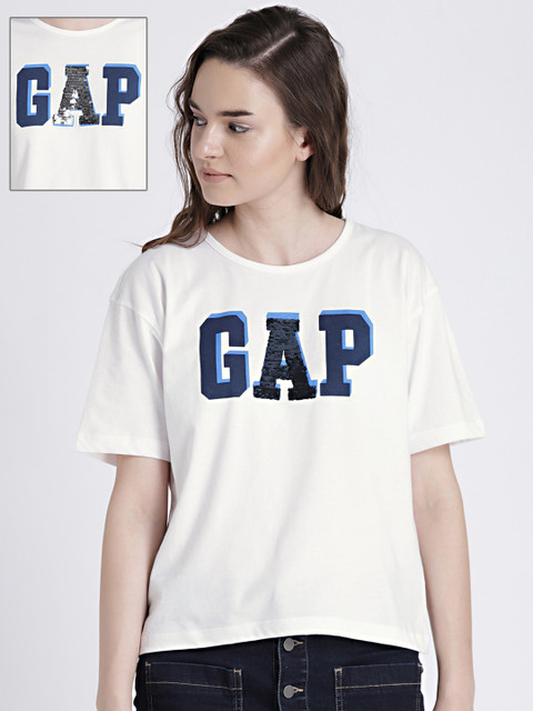 

GAP Womens White Printed Round Neck Pure Cotton T-shirt