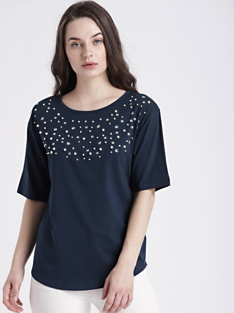 

GAP Women's Navy Blue Embellished Drop Shoulder Top