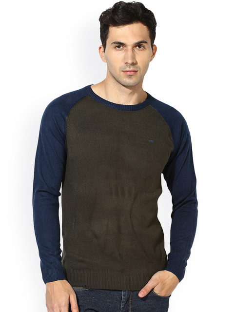

Red Tape Men Olive Green & Navy Blue Solid Pullover