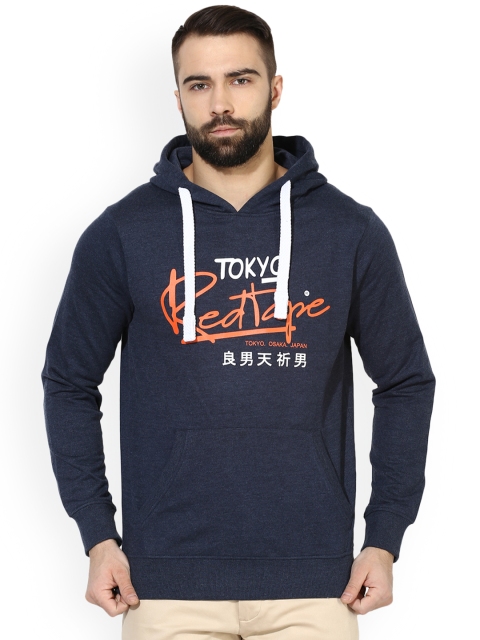

Red Tape Men Navy Blue & Orange Printed Hooded Sweatshirt