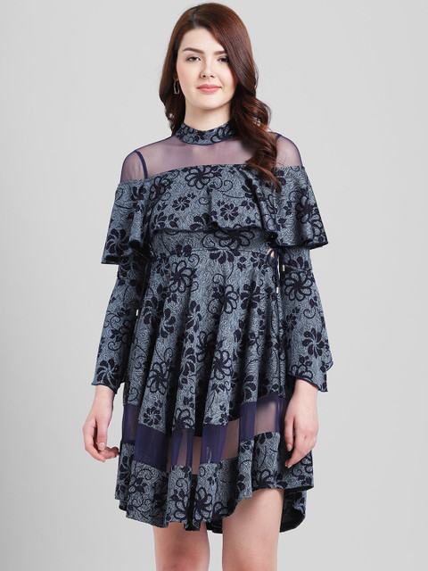 

Texco Women Navy Blue Floral Printed Fit and Flare Dress