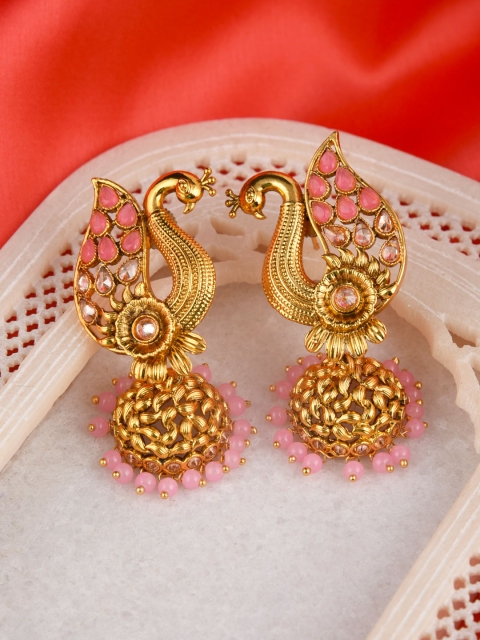 

FIROZA Gold-Toned & Pink Peacock-Shaped Jhumkas