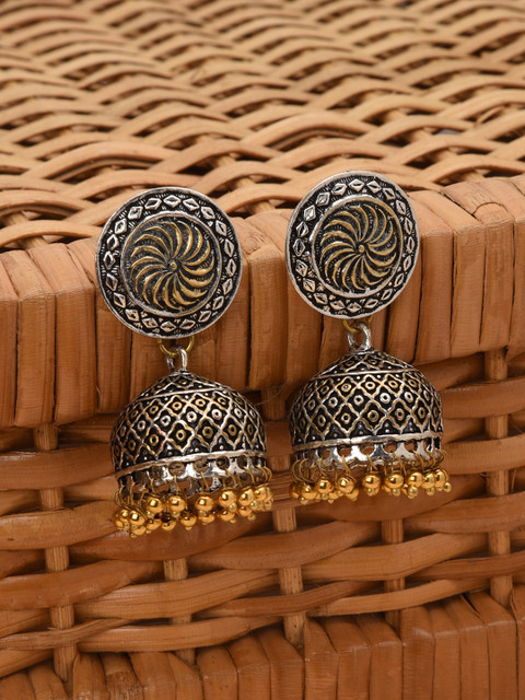 

FIROZA Oxidised Silver & Antique Gold-Toned Dome Shaped Jhumkas