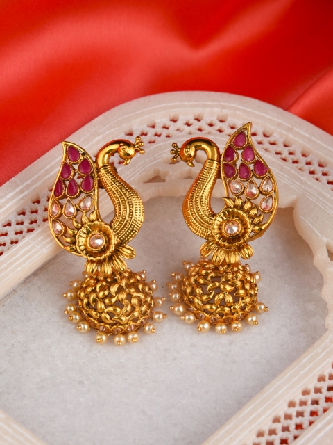 

FIROZA Gold-Toned & Pink Stone-Studded Peacock Shaped Jhumkas