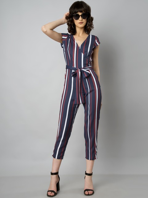 

FabAlley Women Navy Blue & Maroon Striped Capri Jumpsuit