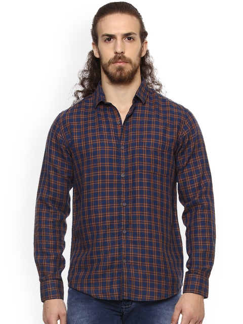 

Mufti Men Navy Blue & Orange Slim Fit Checked Casual Shirt