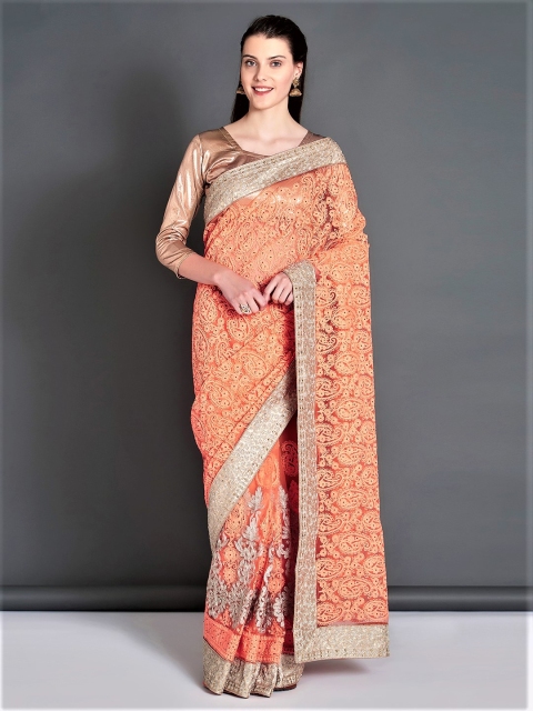 

Mitera Peach-Coloured Embroidered Net Saree