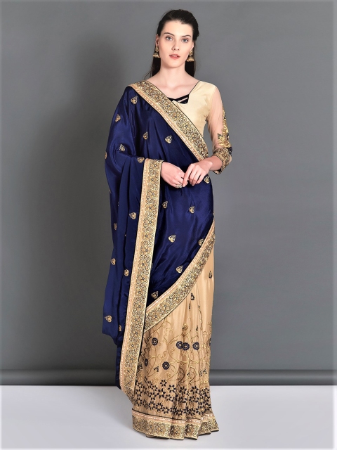 

Mitera Navy Blue & Gold-Toned Pure Georgette Embroidered Saree