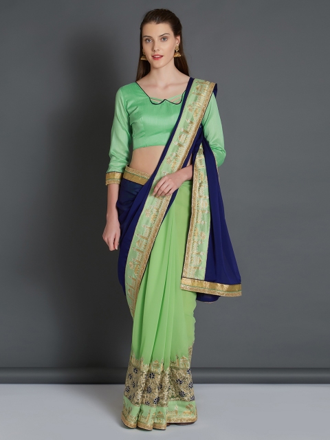 

Mitera Navy Blue & Lime Green Pure Georgette Embroidered Saree