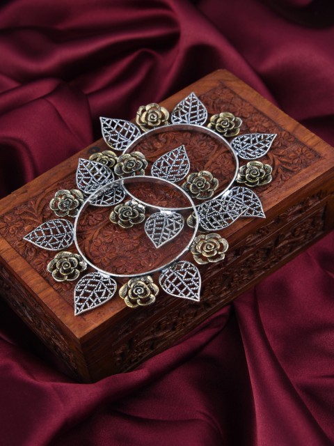 

FIROZA Set of 2 Oxidised Silver-Toned & Antique Gold-Toned Textured Bangles