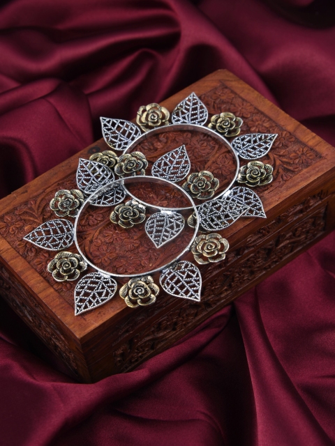 

FIROZA Set of 2 Oxidised Silver-Toned & Antique Gold-Toned Textured Bangles
