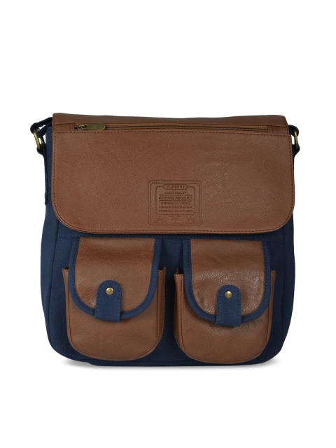 

Purseus Men Navy Blue & Brown Solid Messenger Bag