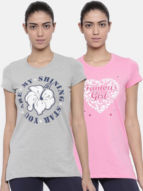 

Bitz Women Pack of 2 Printed Round Neck Lounge T-shirts EBA031, Grey