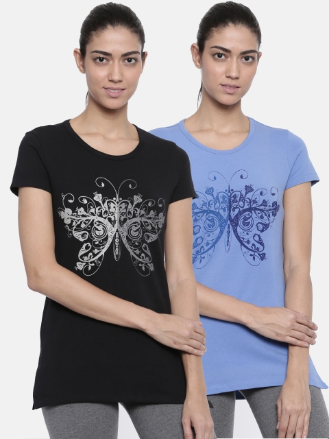 

Bitz Women Pack of 2 Printed Round Neck T-shirts EBA031 Com7, Black