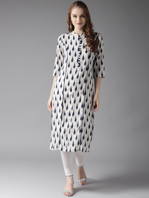 

HERE&NOW Women Off-White & Navy Blue Printed Straight Kurta