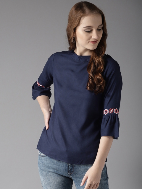 

HERE&NOW Women Navy Blue Solid A-Line Top