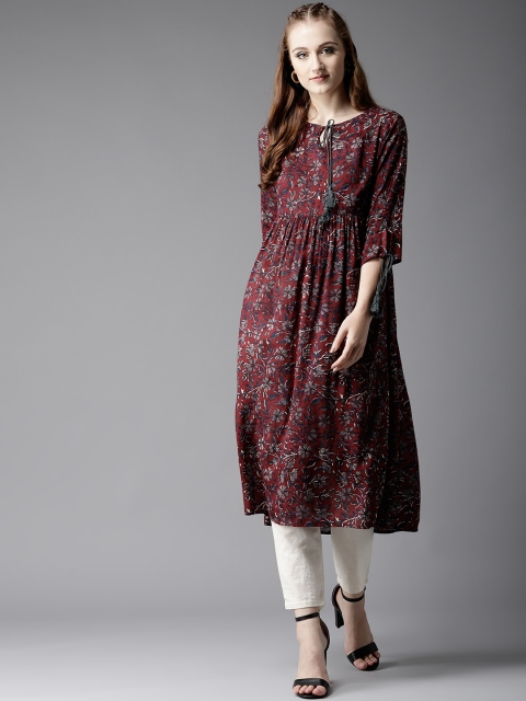 

HERE&NOW Women Maroon & Navy Blue Floral Printed A-Line Kurta